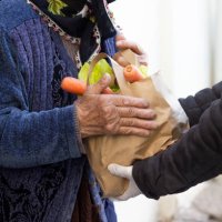 close up of old woman receiving take away food delivery - food stock pictures, royalty-free photos & images