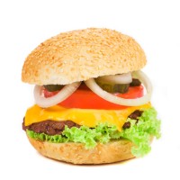 close up of tasty hamburger. - junk food stockfoto's en -beelden