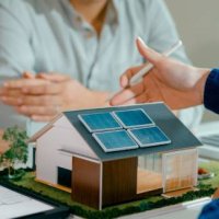 closeup of young asian couple in detailed consultation with real estate agent, who is highlighting advantages of home with solar panels. consulting on eco-friendly home with real estate agent. - home decoration stock pictures