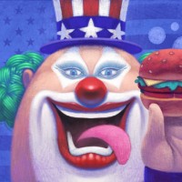 clown in uncle sam hat holding hamburger - junk food stock illustrations