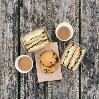 coffee, sandwiches and cookies on the old table - junk food stock pictures, royalty-free photos & images
