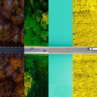 collage composition matching roads from directly above in different scenarios and seasons. - travel stockfoto's en -beelden
