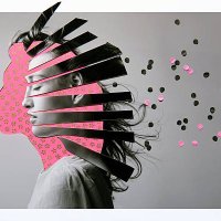 collage of woman thinking - hairstyle stockfoto's en -beelden