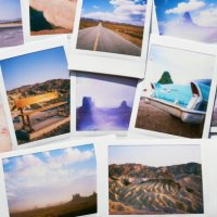 collection of instant travel holiday photos on a table - travel stock pictures, royalty-free photos & images