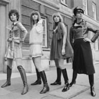 Collection of winter fashions by Ossie Clark and Alice Pollock, on display in a London street. From left to right, Linda Keith wears 'Oz', a...
