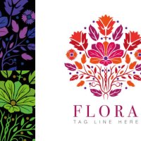 colorful monogram emblem with flowers and leaves - garden decoration stock illustrations