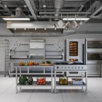 commercial kitchen with kitchen utensils, equipment and food products - food stock pictures, royalty-free photos & images