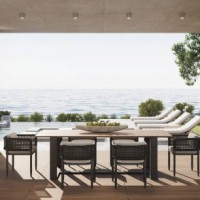 computer generated image of luxury house poolside overlooking the sea - home decoration stock pictures, royalty-free photos & images