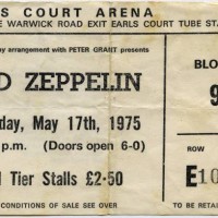 Concert ticket for a Led Zeppelin concert at the Earls Court Arena for May 17, 1975 in London, England.