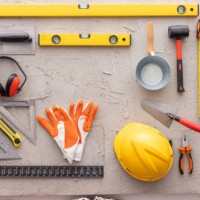 construction tools on concrete background copy space stock photo - home decoration stock pictures, royalty-free photos & images