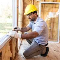 construction worker installing windows on wooden house - home decoration stock pictures, royalty-free photos & images