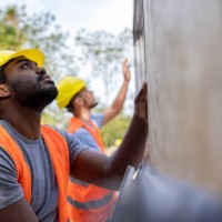 construction workers installing panels while building a manufactured house - home decoration stock pictures, royalty-free photos & images