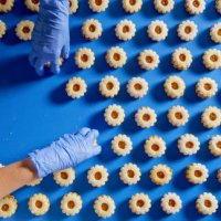 cookie arrangement on conveyor with gloved hand - food stock pictures, royalty-free photos & images