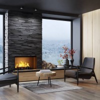 country villa modern interior living room area with fireplace and black slate stone chimney. - home decoration stock pictures, royalty-free photos & images
