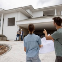 couple building their dream house and pointing at details while holding blueprint - home decoration stock pictures, royalty-free photos & images