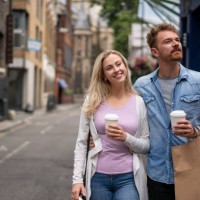 couple doing some shopping and drinking coffee - junk food stock pictures, royalty-free photos & images