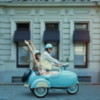 couple driving vintage scooter and sidecar - travel stockfoto's en -beelden