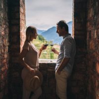 couple enjoy some red wine in ancient italian castle - travel stock pictures, royalty-free photos & images