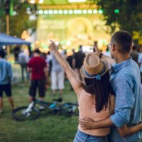 couple making selfie on a music festival - concert stock pictures, royalty-free photos & images