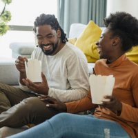 couple ordered pasta to eat at home - junk food stock pictures, royalty-free photos & images