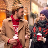 couple outdoors in winter city. - junk food stock pictures, royalty-free photos & images