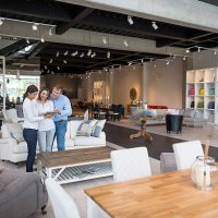 couple shopping at a furniture store - home decoration stock pictures, royalty-free photos & images