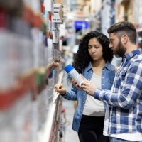 couple shopping for spray paint at a hardware store - home decoration stock pictures, royalty-free photos & images