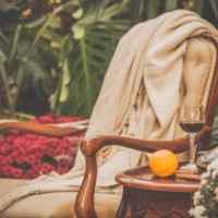 cozy armchair, warm blanket and red wine - garden decoration stock pictures, royalty-free photos & images