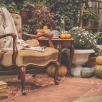 cozy autumn garden - garden decoration stock pictures, royalty-free photos & images
