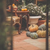 cozy corner in an autumn garden - garden decoration stock pictures, royalty-free photos & images