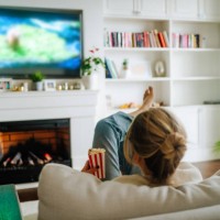 cozy hugge fireplace and watching tv. woman eating popcorn and watching tv on a big screen at home - junk food stock pictures, royalty-free photos & images