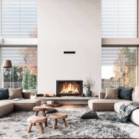 cozy, luxury and modern living room with large windows, sofa, decoration and fireplace - garden decoration stock pictures, royalty-free photos & images