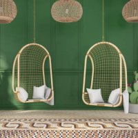 cozy meeting place two hammocks with green wooden wall and plants - home decoration stock pictures, royalty-free photos & images