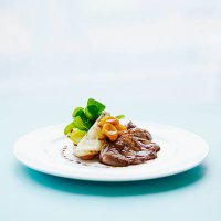 crisp liberty duck breast, braised endive, watercress and grilled pears. - food stock pictures, royalty-free photos & images