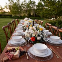 crockery arranged on long table for wedding dinner - garden decoration stockfoto's en -beelden