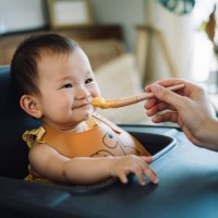 cropped hand of mother feeding her baby girl with spoon in high chair at home. lovely baby girl smiling and looking at her mother. baby milestone, growth and development concept - food stock pictures, royalty-free photos & im