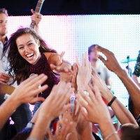 crowd reaching toward female singer on stage - concert stock pictures, royalty-free photos & images