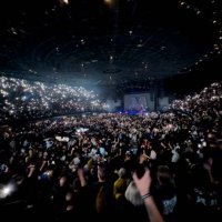 Crowd with iPhone flashlights on Depeche Mode performs at Forum Los Angeles, California.