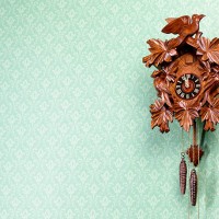 cuckoo-clock against wallpapered wall - home decoration stock pictures, royalty-free photos & images