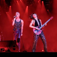 Damiano David and Victoria De Angelis of Måneskin perform at San Siro Stadium on July 24, 2023 in Milan, Italy.