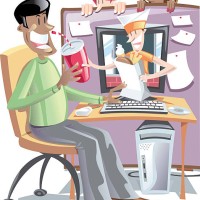Dave Seymour color illustration of worker in cubicle enjoying fast food service comnig through the computer screen as co-workers look on.