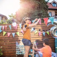 decorating our backyard for a birthday party - garden decoration stock pictures, royalty-free photos & images