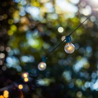 decorative party lights in garden - garden decoration stock pictures, royalty-free photos & images