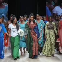 Designer Odio Mimonet model walk the runway wearing Odio Mimonet during Arise Fashi on Week on April 21, 2019 in Lagos, Nigeria.