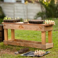 dessus de carotte dans des plateaux s’asseyant dehors sur un banc - garden decoration photos et images de collection