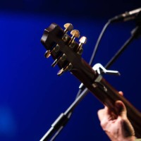 detail of a guitar neck held by a singing guitarist during a concert on a blue background - concert stock pictures, royalty-free photos & images