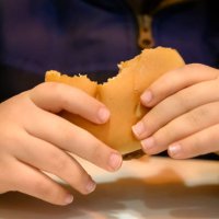 detail of a little boy's hands eating a hamburger. fast food. - junk food stock pictures, royalty-free photos & images