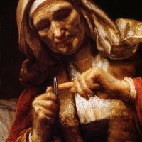 Detail of Old Woman Cutting Her Nails by School of Rembrandt