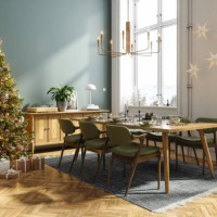 dining room interior with christmas tree, gift boxes and christmas table setting - home decoration stock pictures, royalty-free photos & images
