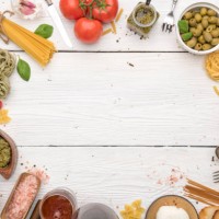 dinner table. italian food and ingredients with copy space - food stock pictures, royalty-free photos & images